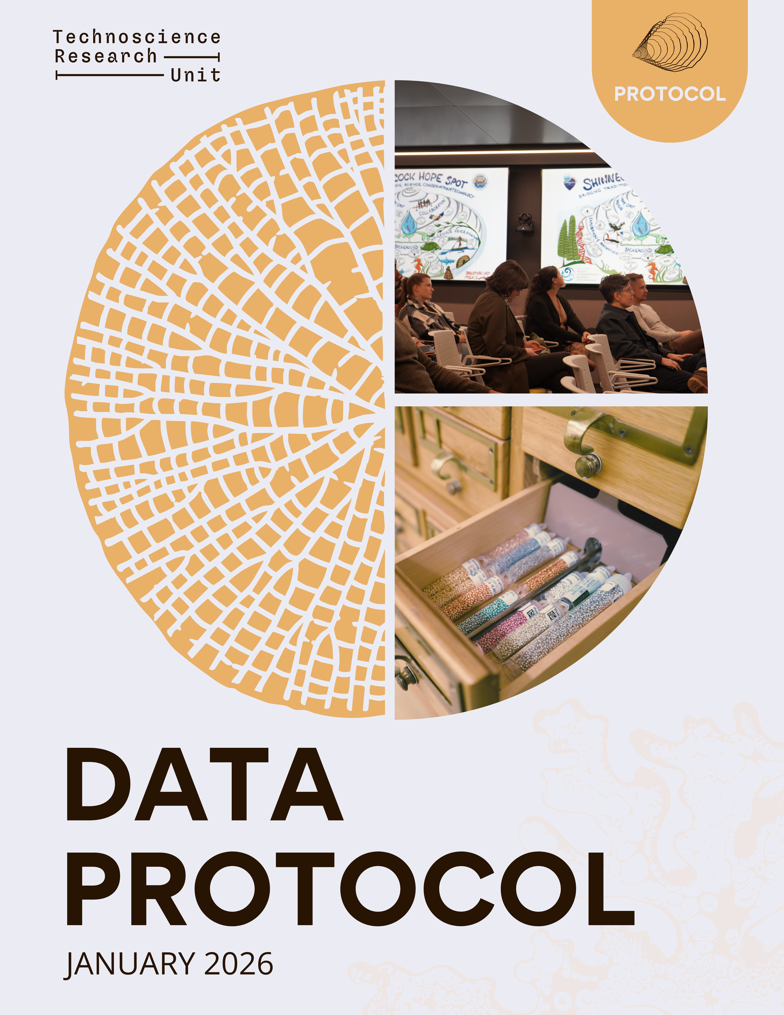 Cover page of a report titled 'Data Protocol January 2026' from the Technoscience Research Unit. The cover features a circular design with a half-patterned leaf graphic on the left and a collage of images on the right, including a meeting with people watching a presentation, a close-up of opened drawers with supplies, and a pattern of small bottles or tubes.