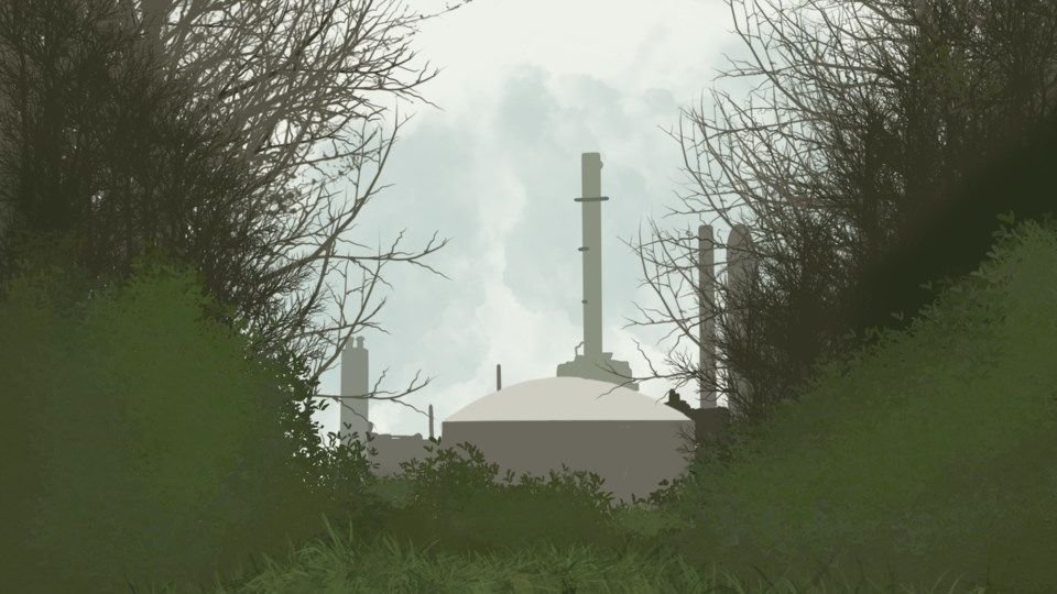 Illustration of an industrial factory with smokestacks seen through trees and bushes.