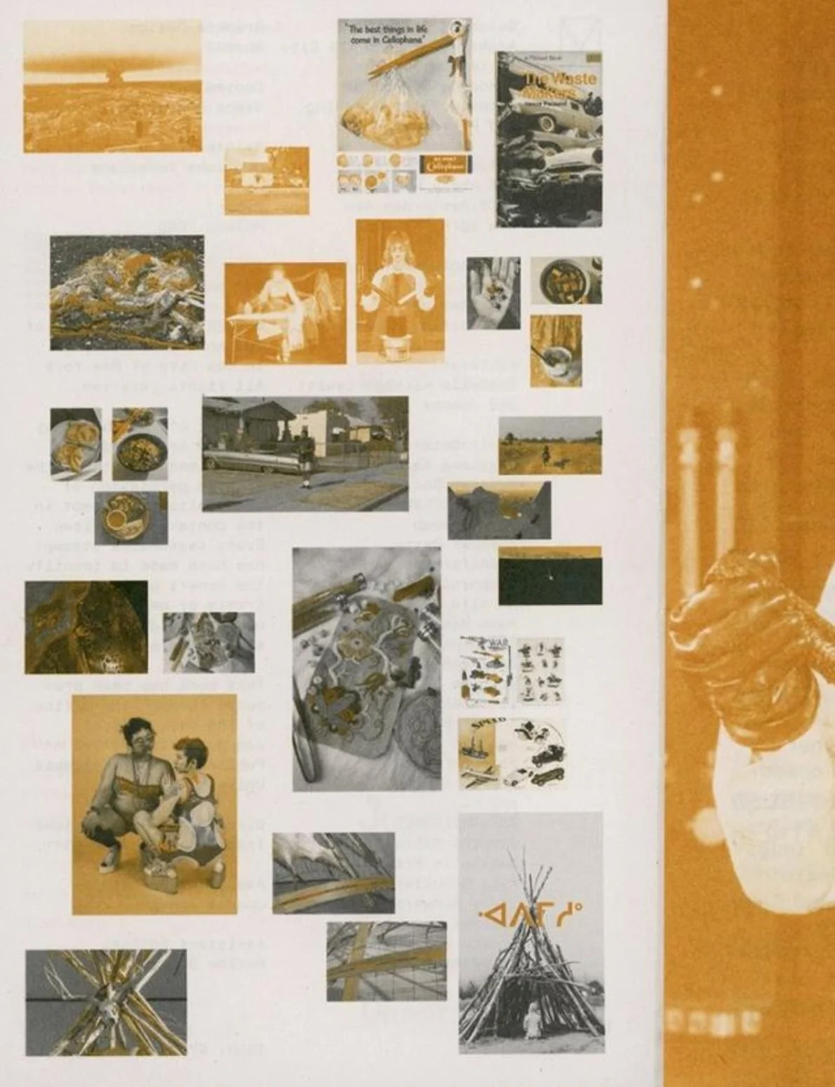 A collage of various photographs, includes outdoor scenes, food, people, and objects, with a mix of black-and-white and sepia tones.