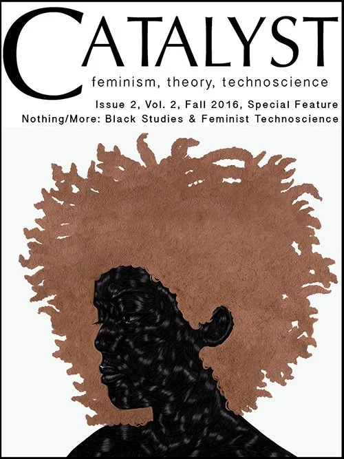 Cover of Catalyst magazine featuring a black silhouette of a woman with Afro-textured hair, with the hair forming a large, textured background. The magazine title is at the top, with subtitles and issue information below.