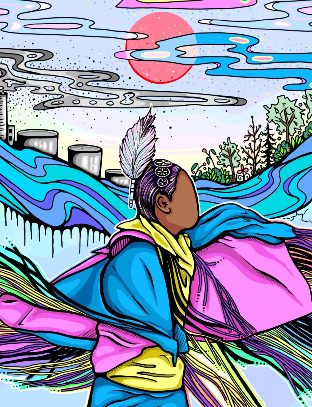 Colorful digital artwork of a person with a feather in their hair, wrapped in vibrant clothing, set against an abstract landscape with a city skyline, rolling hills, trees, and a pink sun in the sky.