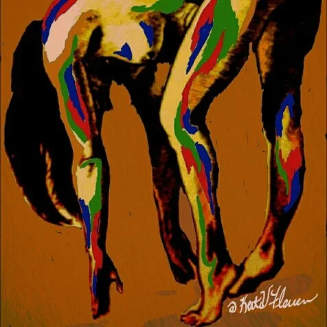 Abstract artwork with colorful flowing lines on a warm brown background.