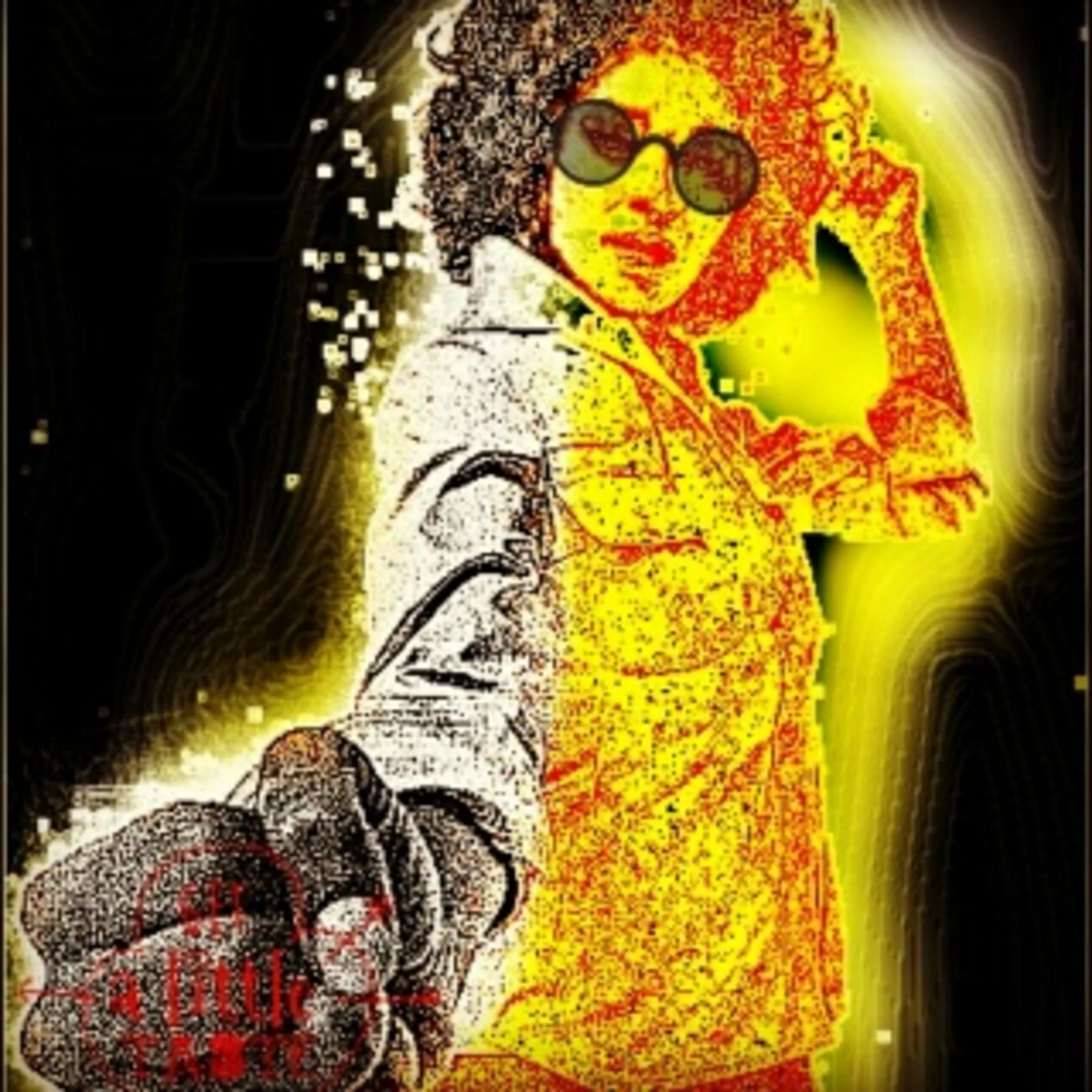 A stylized, high-contrast image of a woman with curly hair wearing sunglasses, with vibrant red, yellow, and black colors and pixelated effects.