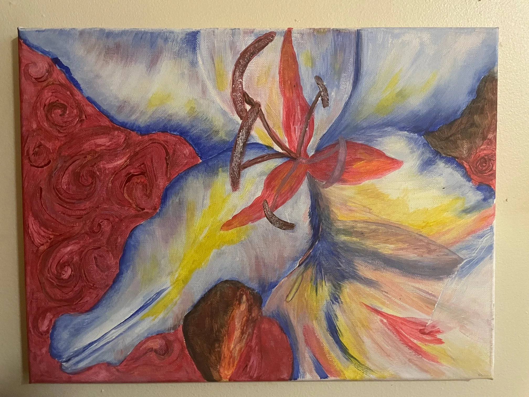 Emergence Through Form, by Katie V. Flowers. Acrylic on duck canvas. 12x16 inches. Ready to be hung on your wall.  Currently, unframed. 

Emergence Through Form is an expressive abstract floral composition exploring transformation, movement, and the 