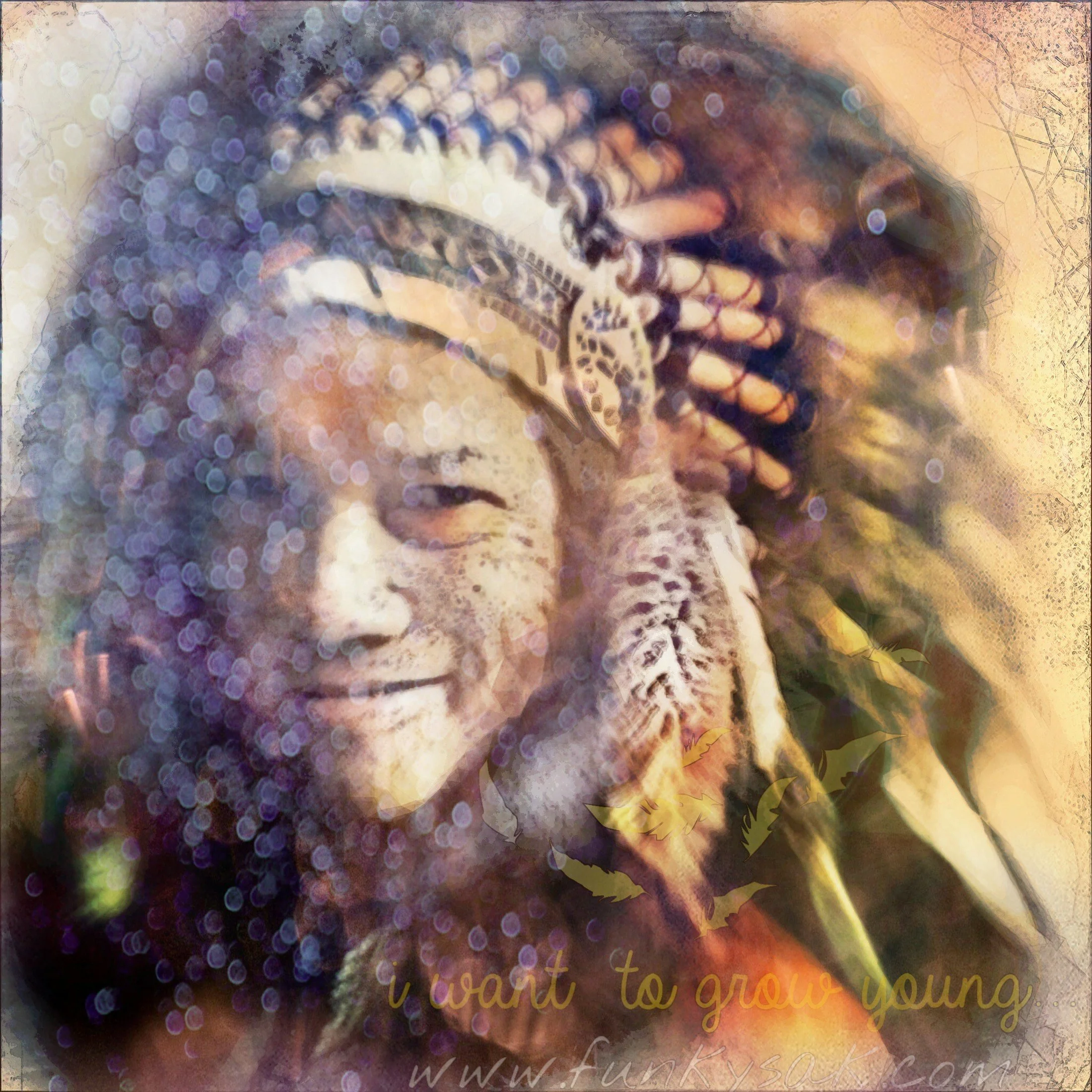 A woman with braids and facial paint, wearing a feathered headband, smiling with closed eyes, surrounded by a double exposure of leaves, flowers, and a bokeh effect, with the text 'i want to grow young' at the bottom.