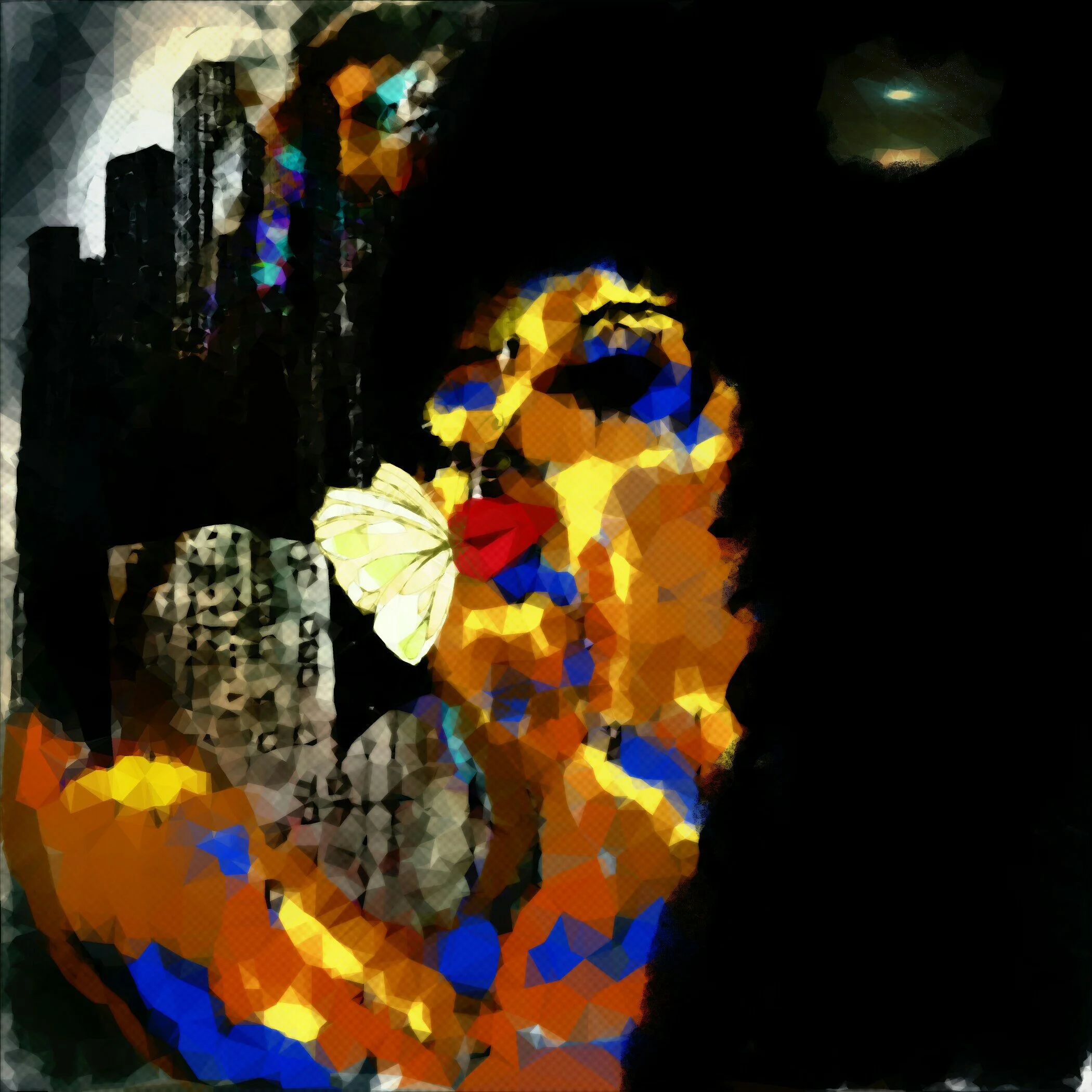 A person is holding a camera, capturing a starry night sky with a visible bright star or planet. The image is highly pixelated, giving a colorful abstract effect.