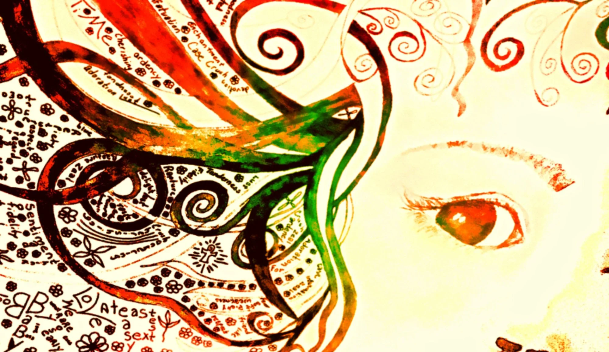 Close-up of a woman's face with the right eye visible, surrounded by intricate, colorful swirling doodles, text, and decorative patterns.
