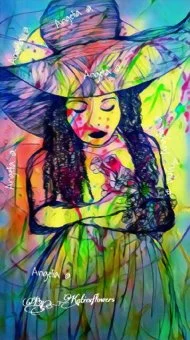 Colorful illustration of a woman wearing a large hat with flowers, holding a flower, in vibrant, abstract watercolor style.