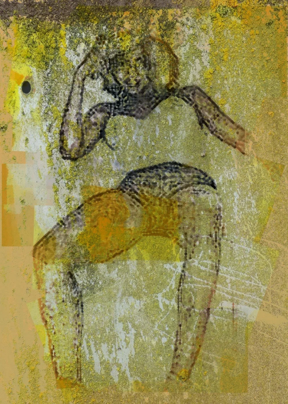 A piece of artwork depicting a woman with curly hair, resting her elbow on a surface and holding her chin with her hand, with a large yellow and black butterfly in front of her.