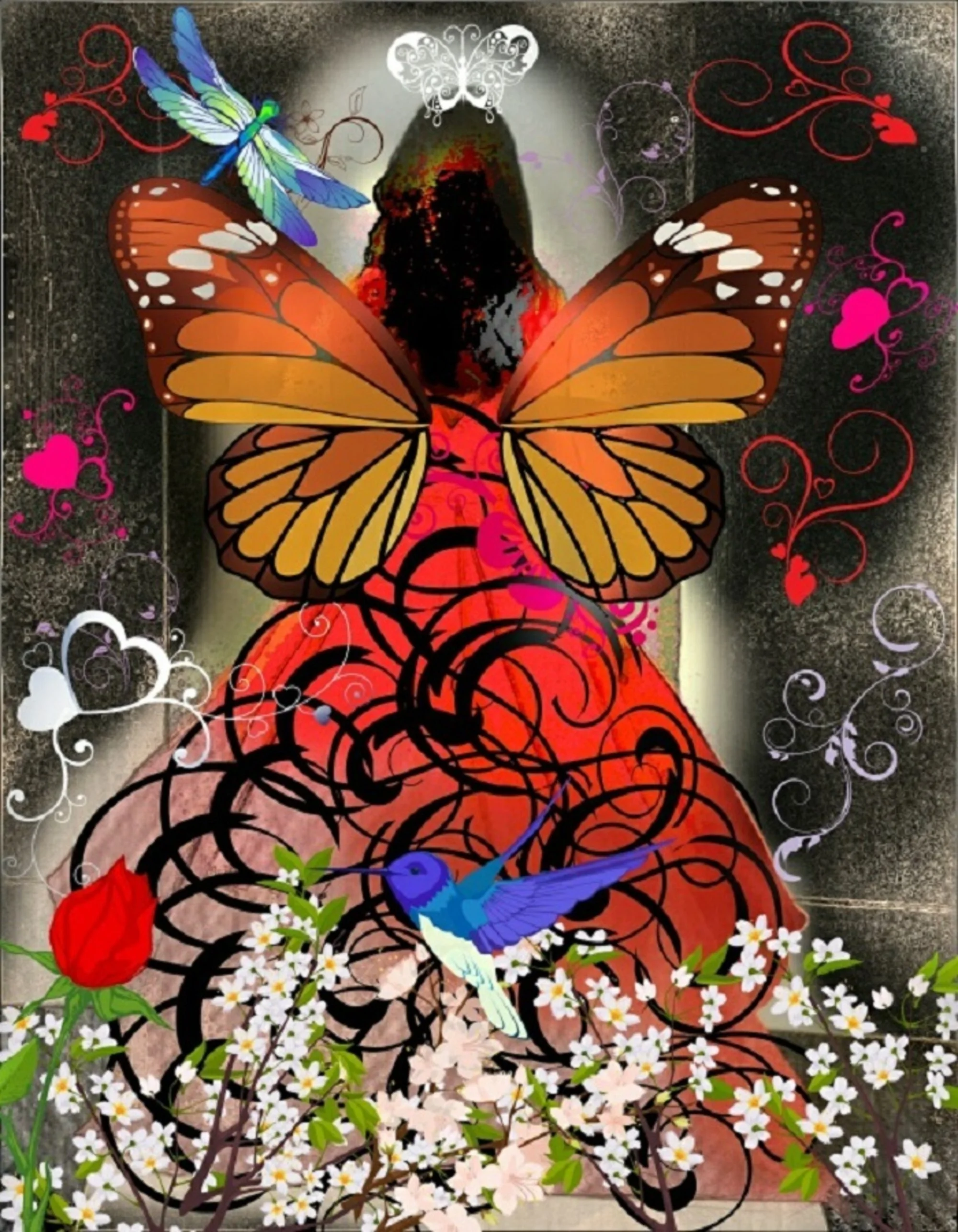 Colorful digital artwork featuring a butterfly with orange and yellow wings, a blue and purple bird, a white butterfly, and an abundance of pink, white, and red flowers with swirling decorative elements.