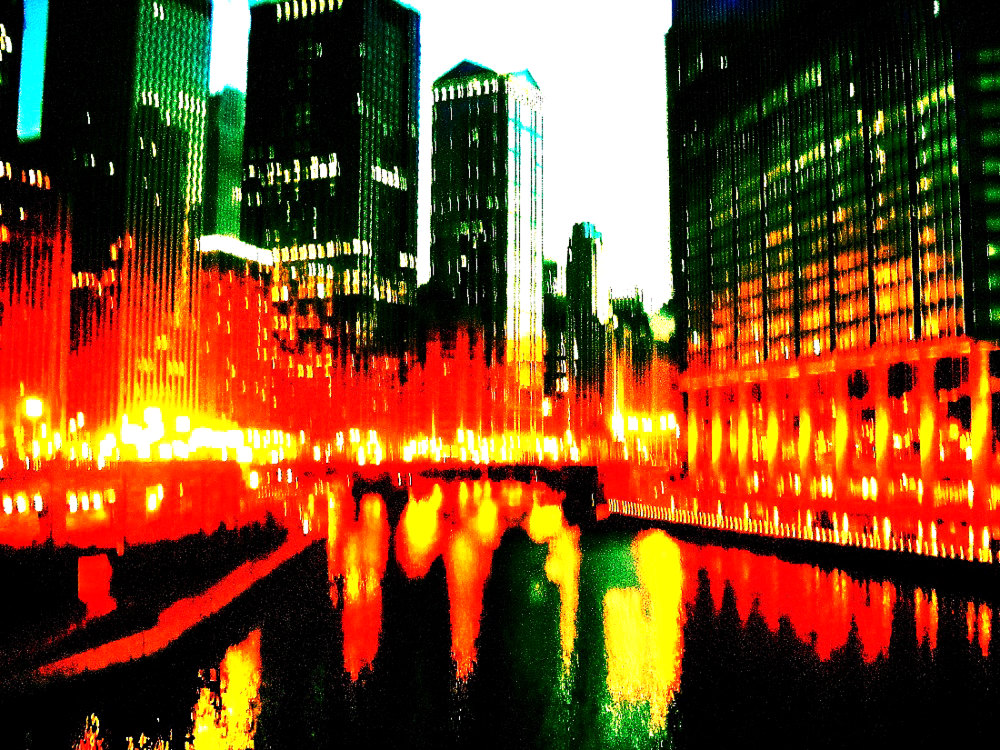 Digital artwork of a city skyline at night with illuminated skyscrapers, reflected in the water below, using vibrant colors and pixelated style.