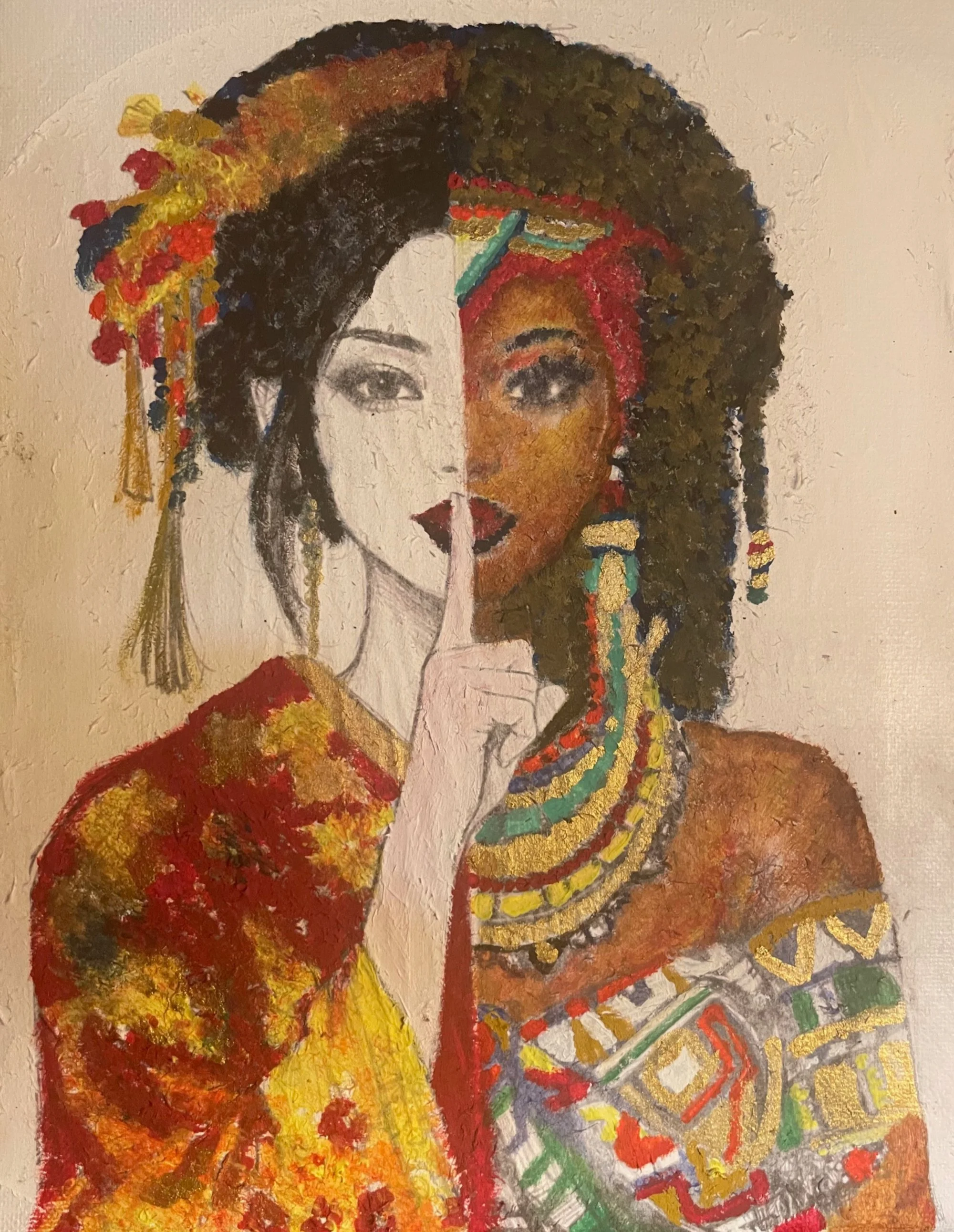 Keeper of the Unspoken. By Katie v. Flowers. Oils. Duck Canvas. 9x11 inches. Currently unframed. 
-This piece from my Silent Keepers series explores the quiet power of what is felt, known, and understood, without ever needing to be spoken.
Split betw