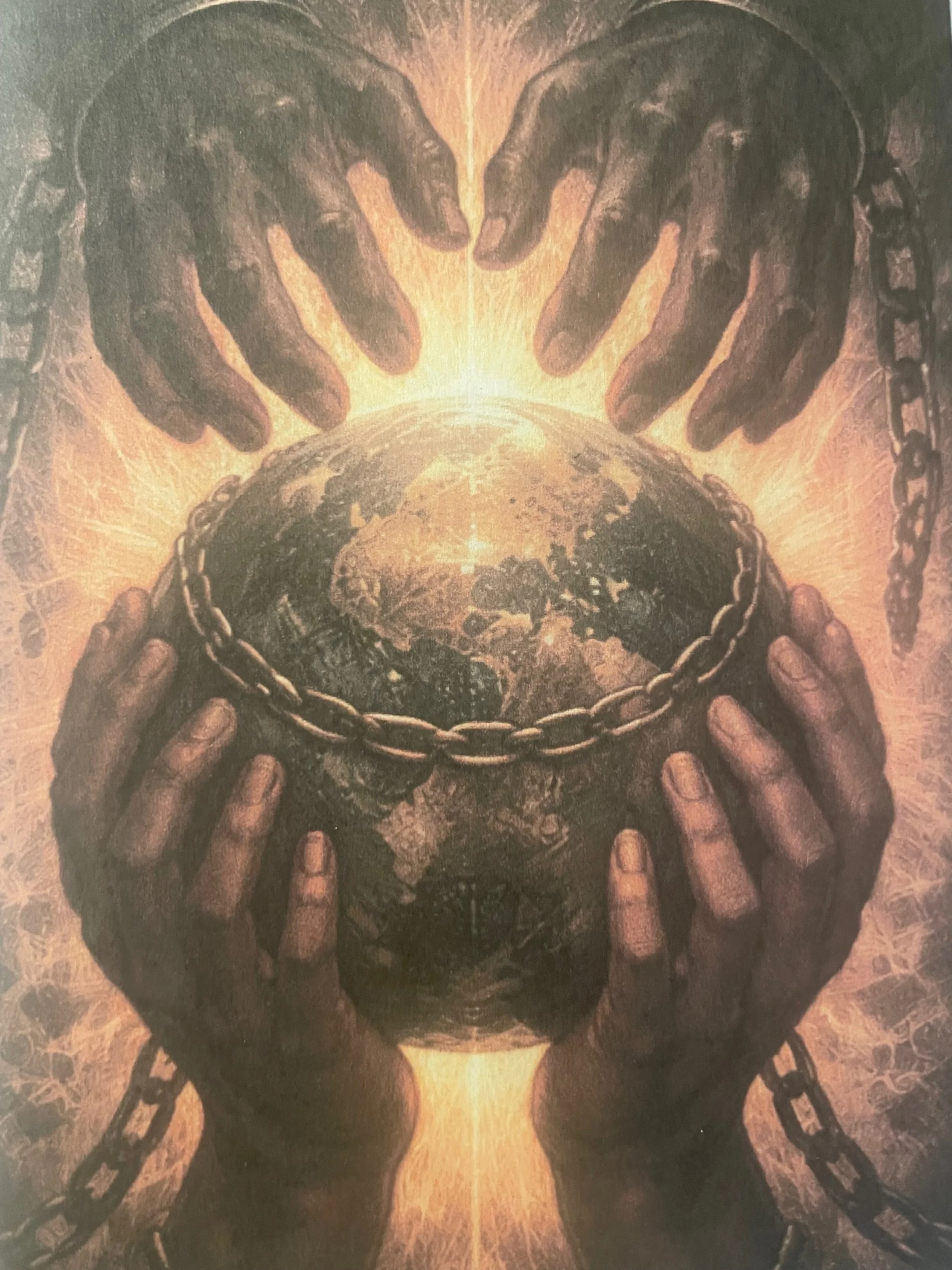 Silent Keeper: The Weight We Hold is a symbolic fine art piece exploring burden, collective responsibility, endurance, and the sacred weight of what is carried across generations.

At the center of the work, multiple hands hold the Earth in a gesture