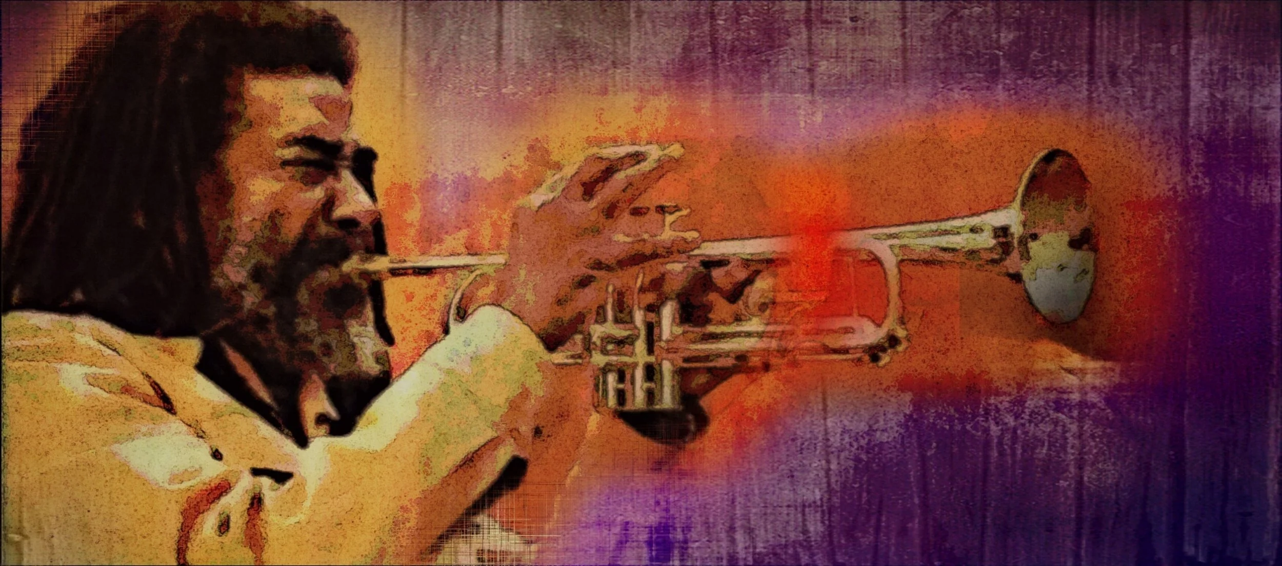 A person playing a trumpet, depicted with a pop art style, with vibrant orange and purple background.