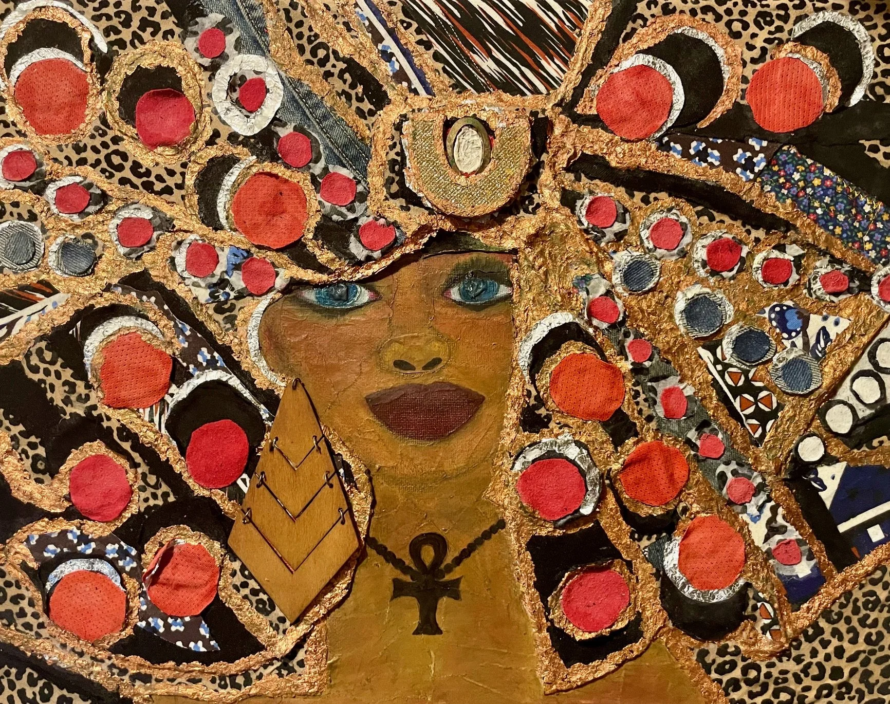 
Ascension of Ancestral Goddess, 
by Katie V. Flowers. Mixed-media. Approx. 16x18 inches. Ready to be hung on your wall. Currently, unframed. 
 Ancestral Goddess is a mixed media work rooted in transformation, adornment, ancestral reverence, and the 