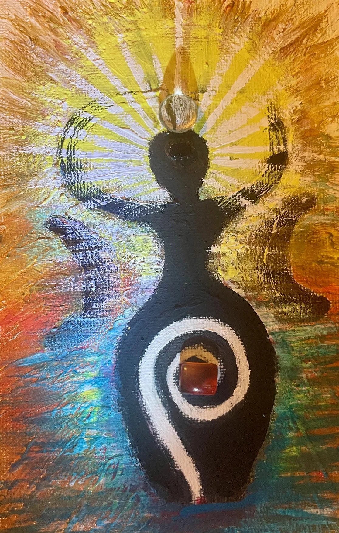 The Ascension Series:
Title: The First Opening
Medium: Oil. Mixed media on duck canvas
Size: 4x6 inches. unframed
Editions: Original artwork. Prints may be found and purchased at, Creative Souls Vibe - creative-souls-vibe.printify.me. 

The Ascension