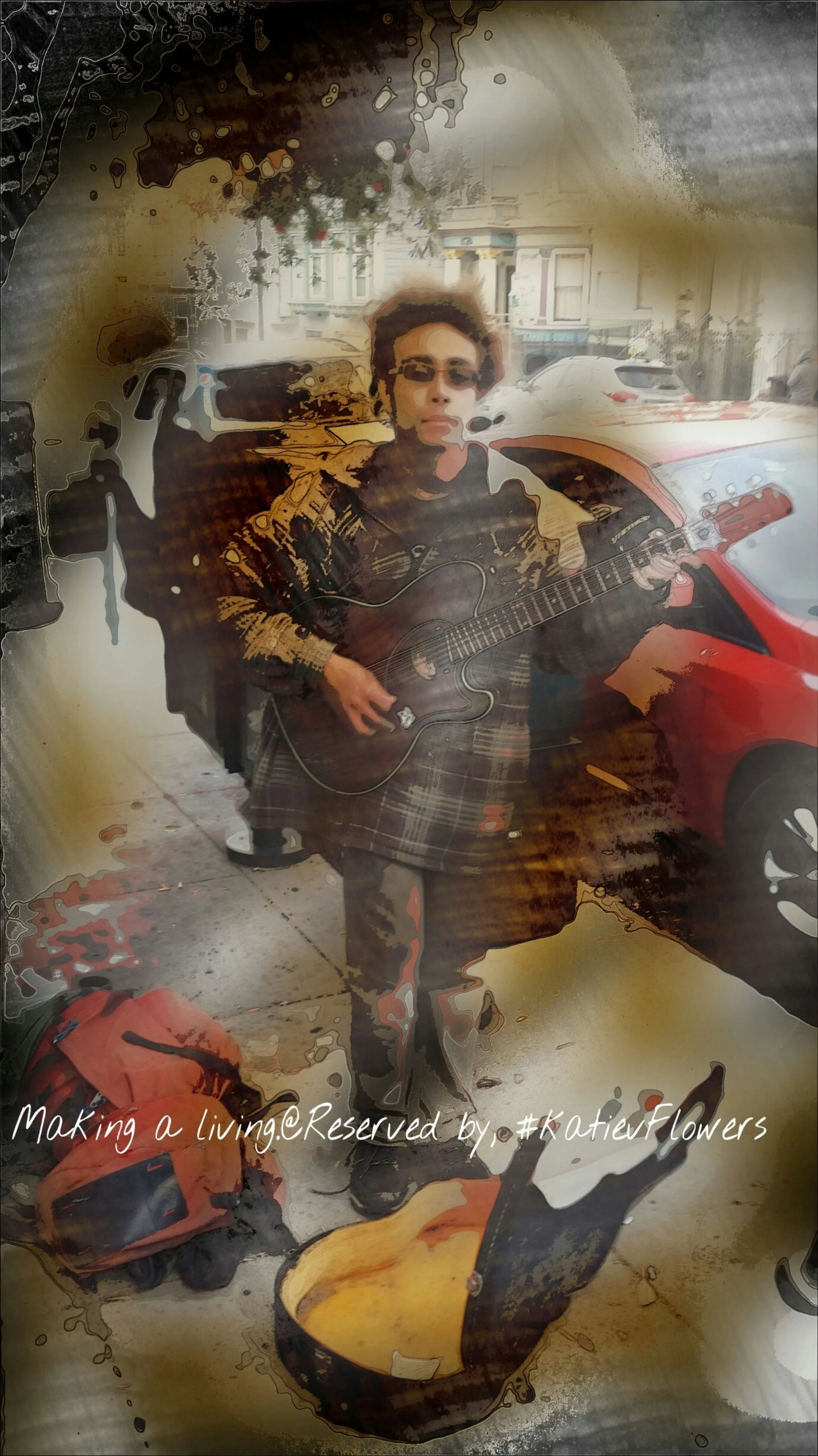 A person wearing sunglasses, a leather jacket, and patterned pants is standing outside holding an acoustic guitar. There are cars and buildings in the background, and a red backpack and backpack are visible on the sidewalk.
