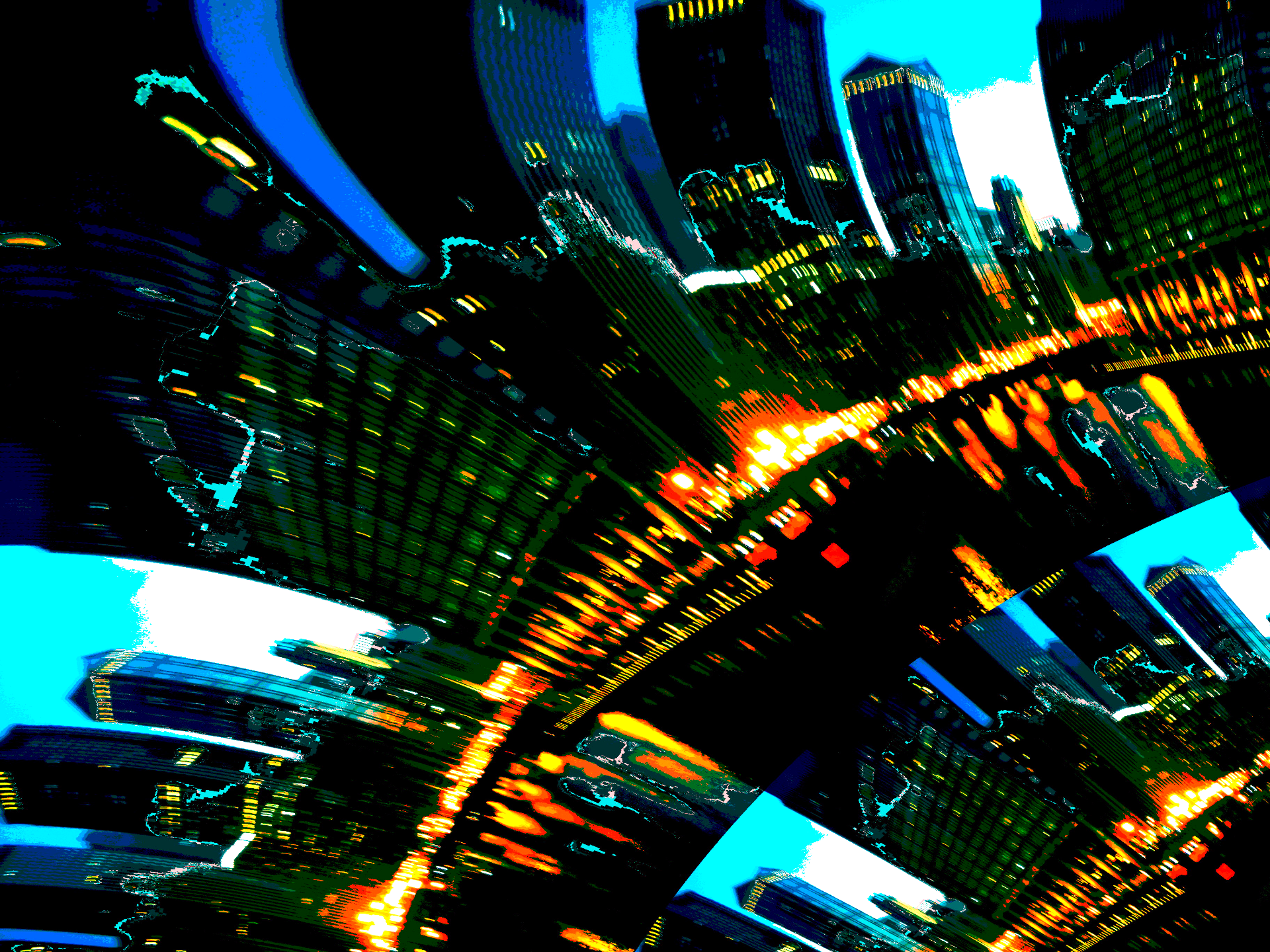 A digitally stylized image of a city skyline at night, with brightly lit skyscrapers and illuminated streets creating a vibrant, colorful cityscape.