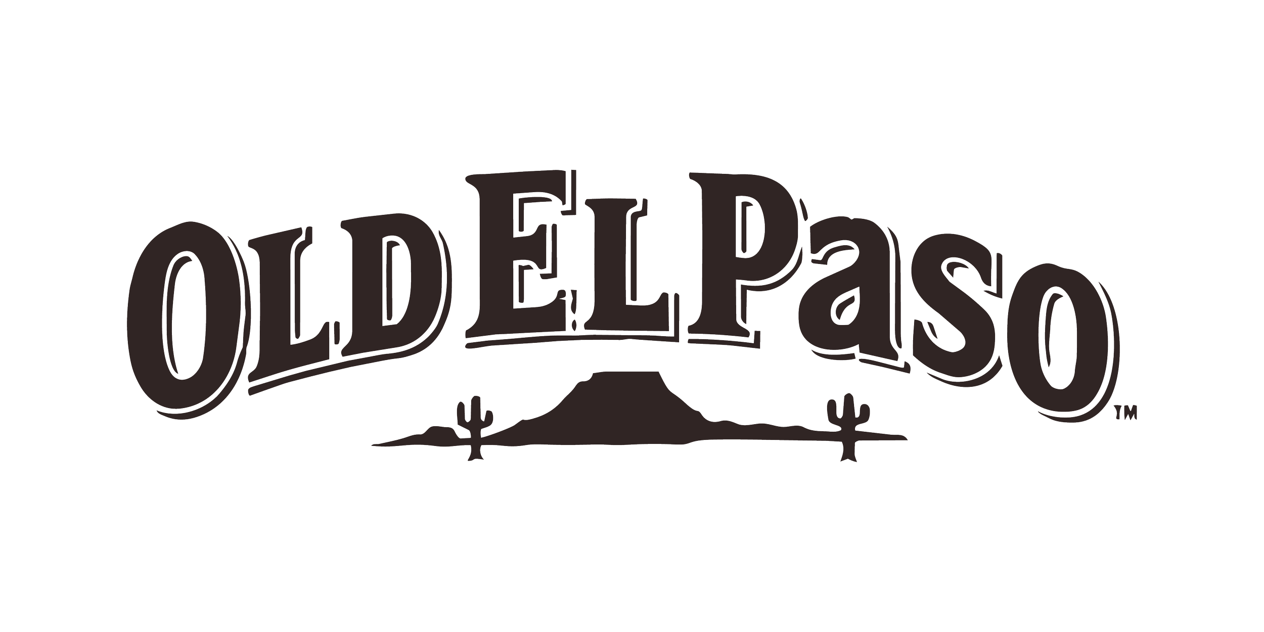 The logo features the word 'OldElPaso' in stylized black letters with a desert scene including cacti and a mountain in the background.