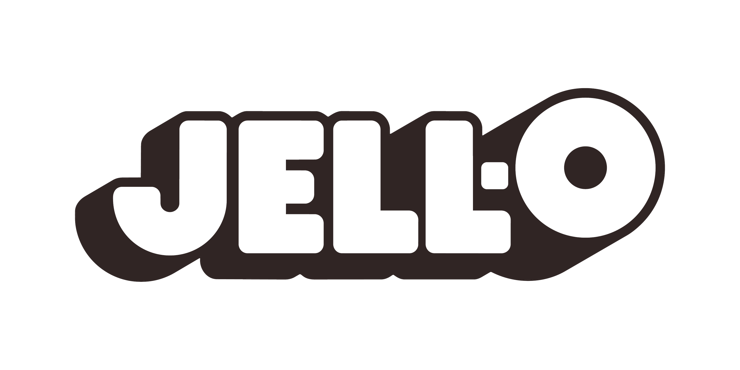 Stylized logo with the word 'JELLO' in bold, black letters, where the 'J' and the last 'O' incorporate circular shapes resembling jelly or pudding cups.