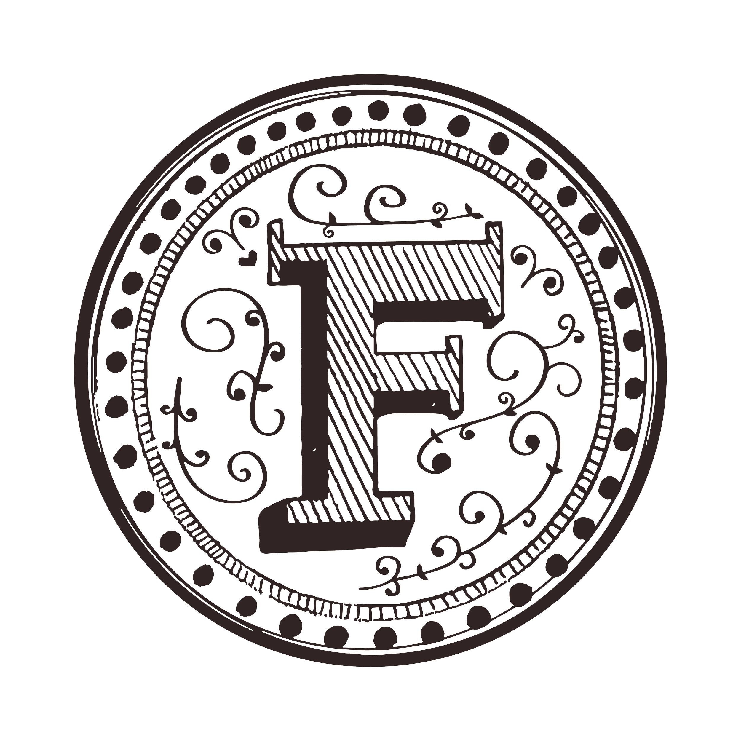 Decorative coin with an ornate letter 'F' in the center and intricate swirling patterns around it.