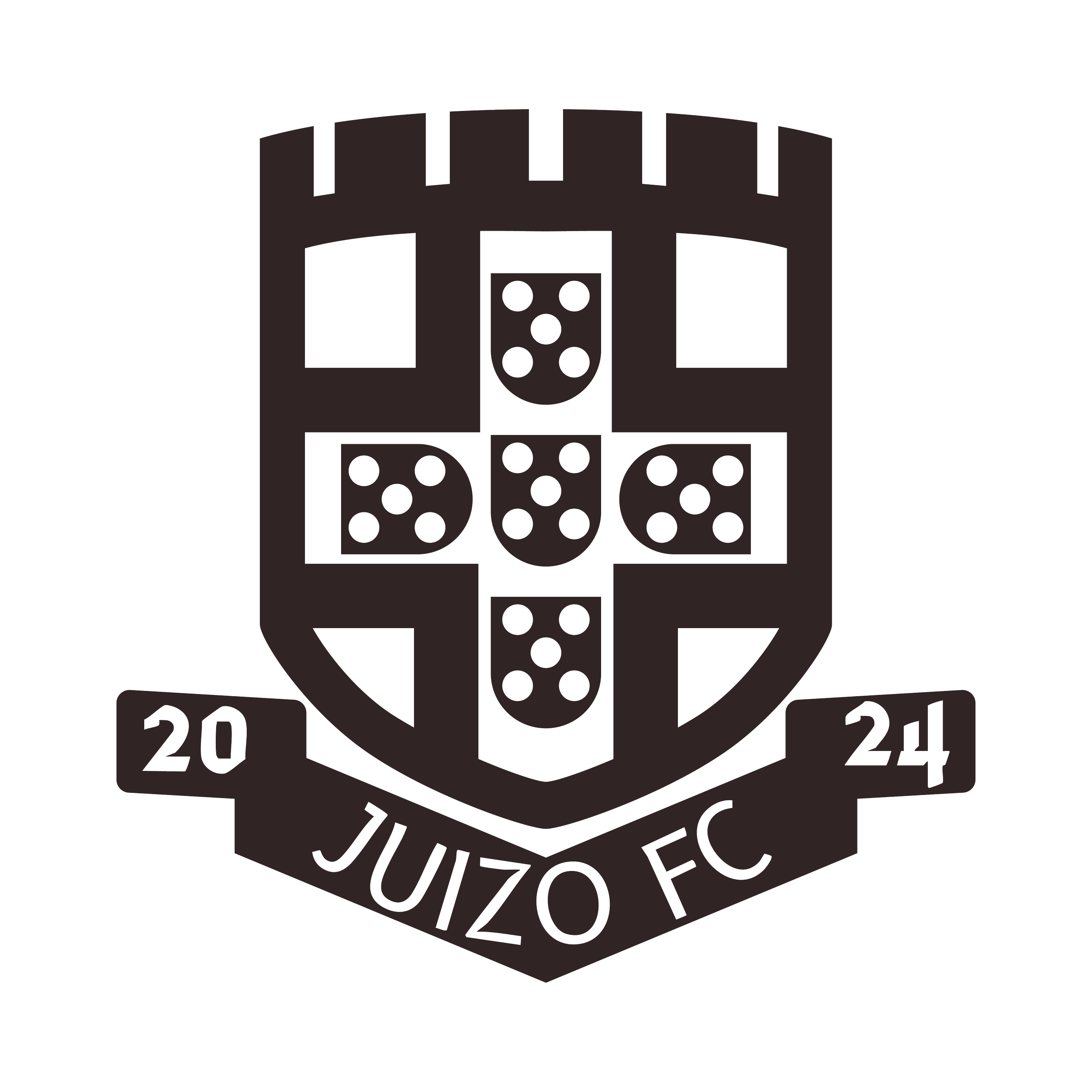 A black and white emblem of Juizo FC featuring a shield with a dice pattern in the center and the text 'JUIZO FC' below it, along with the years 2020 and 2024.