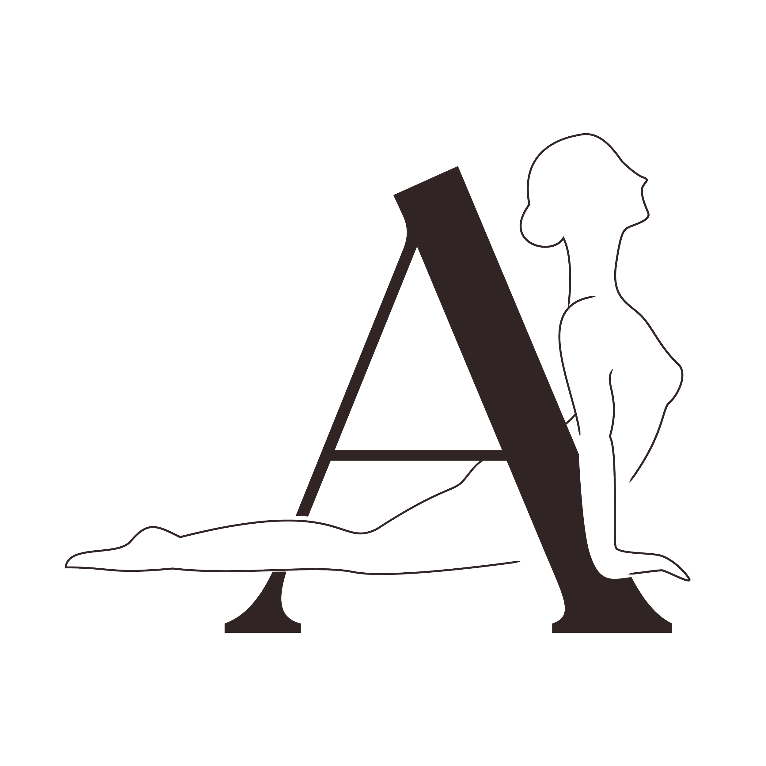 Stylized line art illustration of a reclining woman with a large letter 'A'.