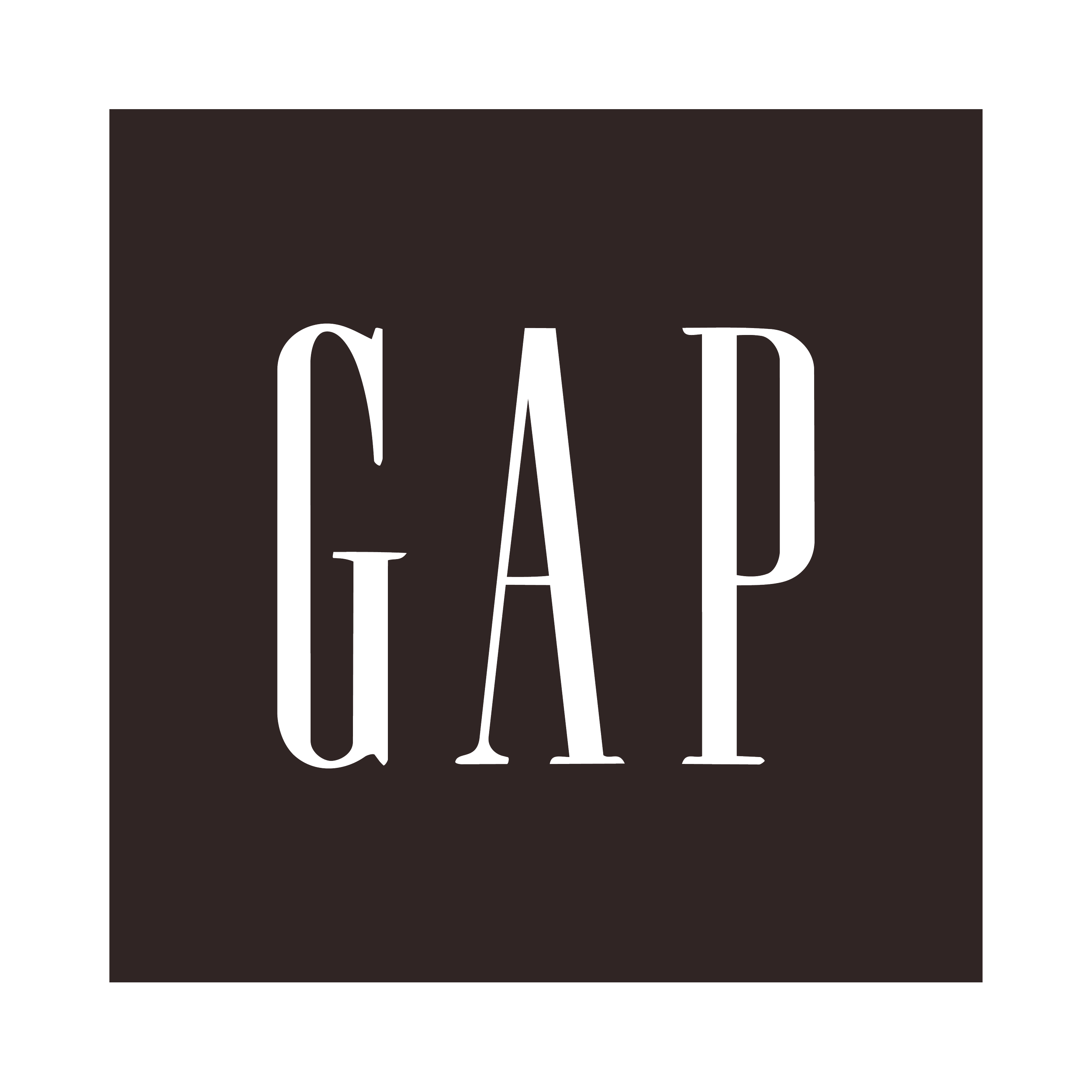 Black square with the word 'GAP' in large, tall letters in the center.