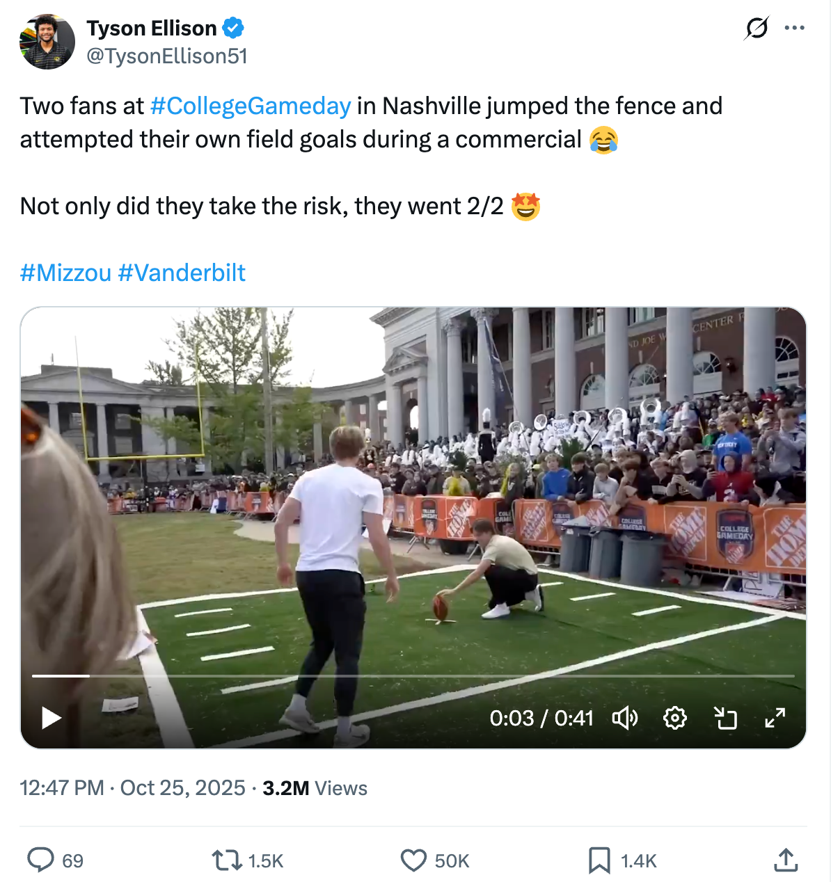 Tyson's highest-viewed post across any platform. Shot, edited, captioned by him. X: 3.2M + views. IG: 142k+ views. TikTok: 1.1M+ Views.