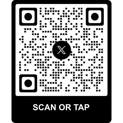 A QR code with a central black circle featuring the X social media icon, and the words 'SCAN OR TAP' at the bottom.