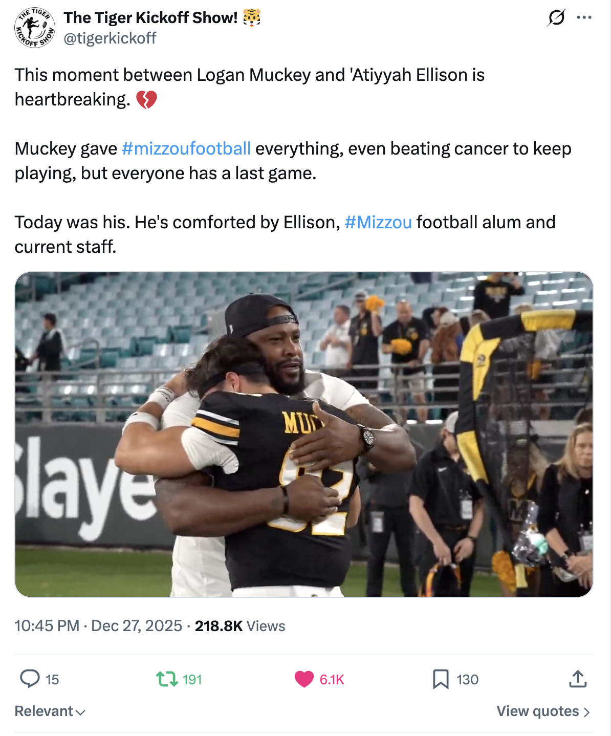 A Tiger Kickoff Show X post at the Gator Bowl as a credentialed reporter. 218k + views on X. Shot, edited, captioned by Tyson Ellison. 