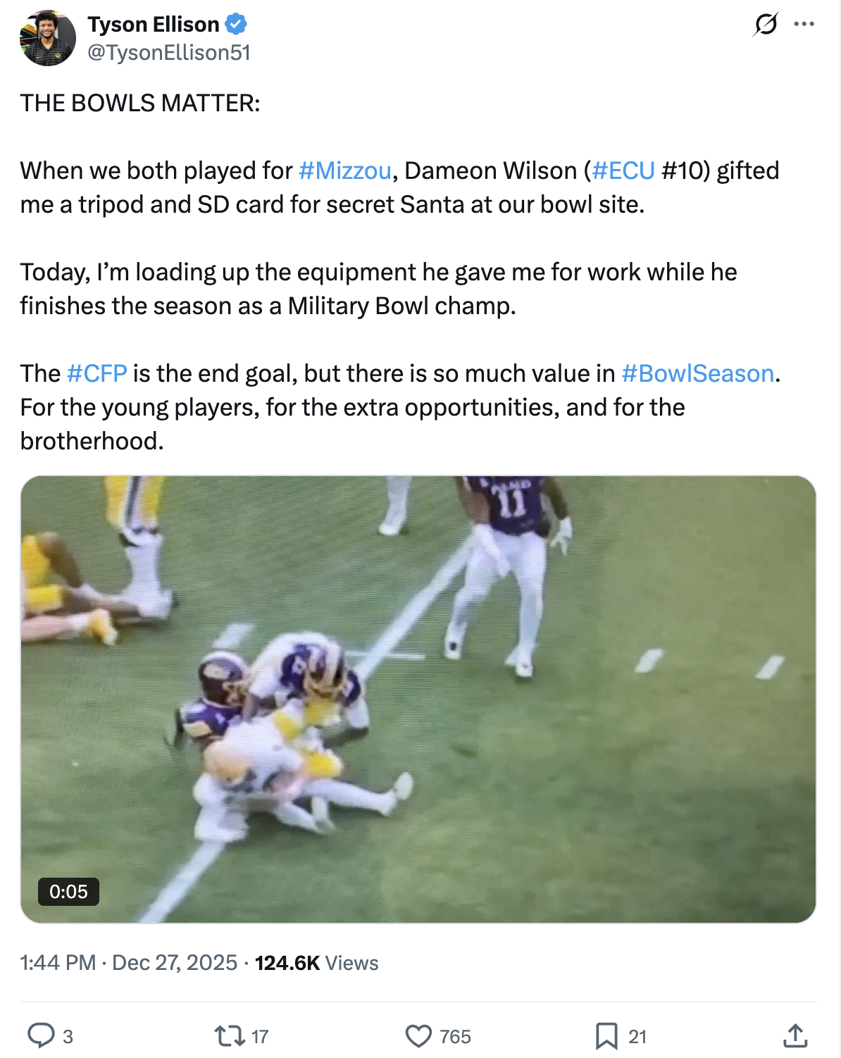 A timely observation and personal story earned Tyson 124k+ views on X after recording his former teammate on TV and captioning it.