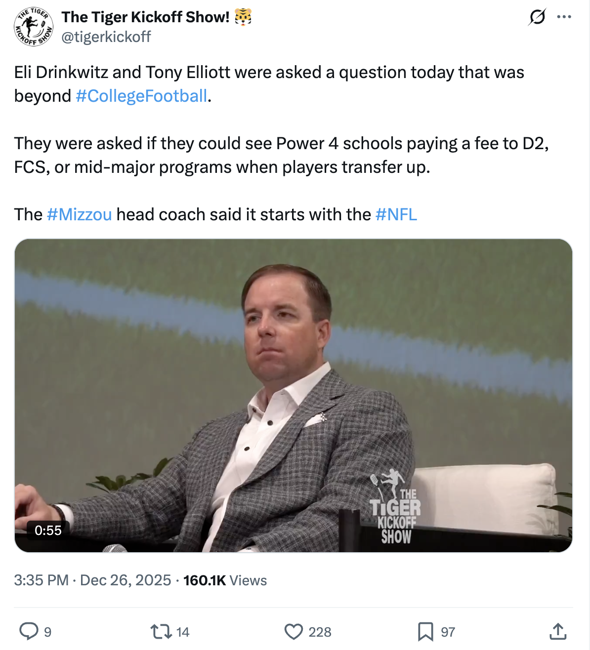 Tyson attended the Gator Bowl Fireside Chat as a TKS credentialed reporter, and cut questions to post for X. This clip became the most-viewed with 160k+ on X.