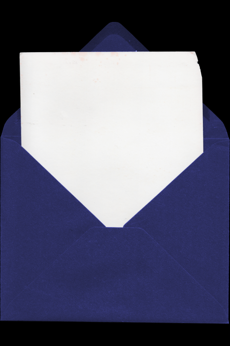 A blue envelope with an open white card inside.