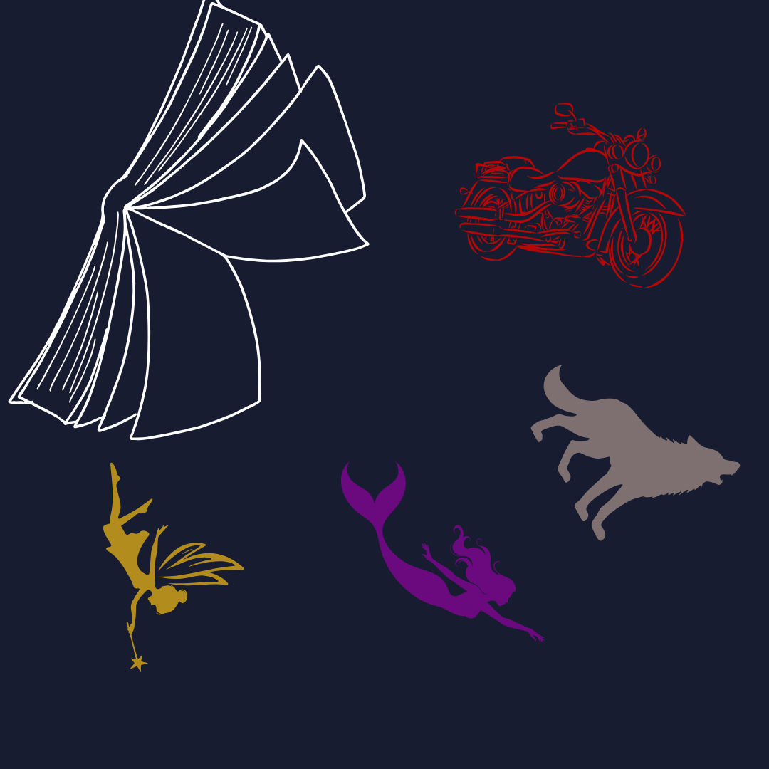 A white outlined book on a deep blue background. Falling from the pages are a red motorcycle, a gray wolf, a purple mermaid, and a yellow fairy