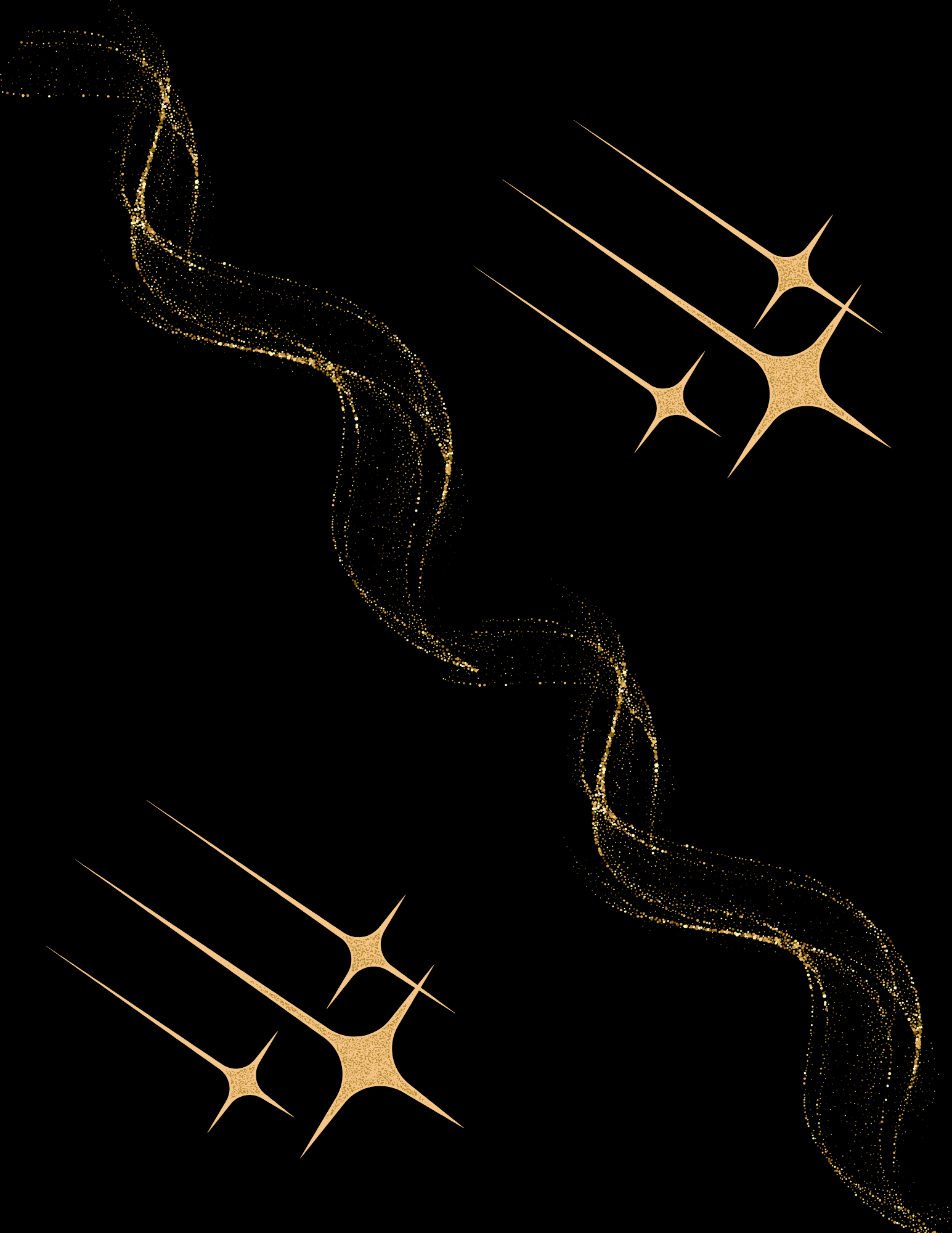 Golden sparkles and star-like shapes forming swirling patterns on a black background.