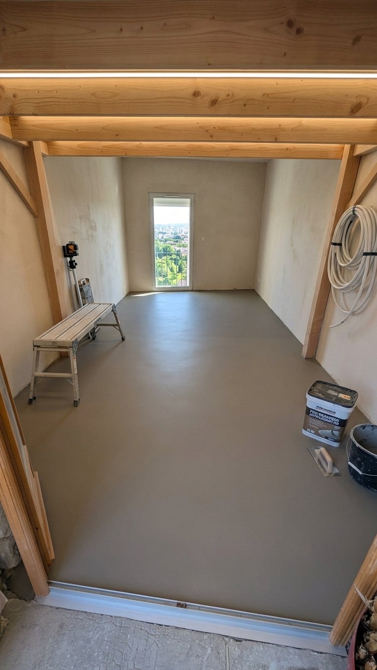 Sol coulé en béton ciré dans une pièce en fin de chantier