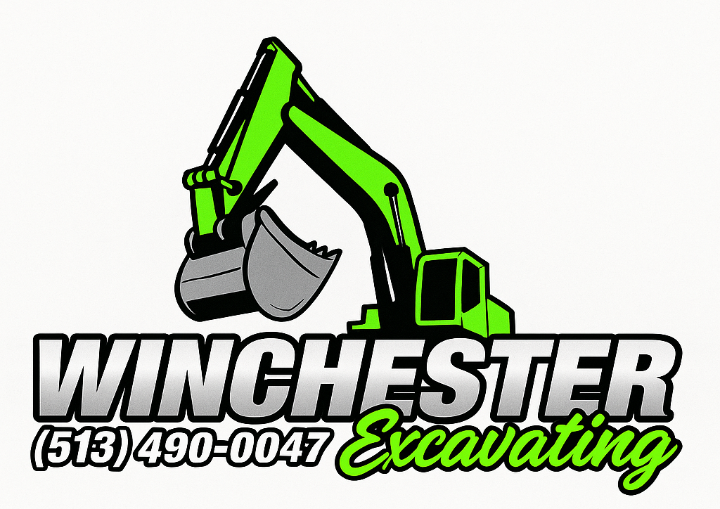 Logo for Winchester Excavating featuring a green and black excavator with a gray bucket, and text including a phone number.