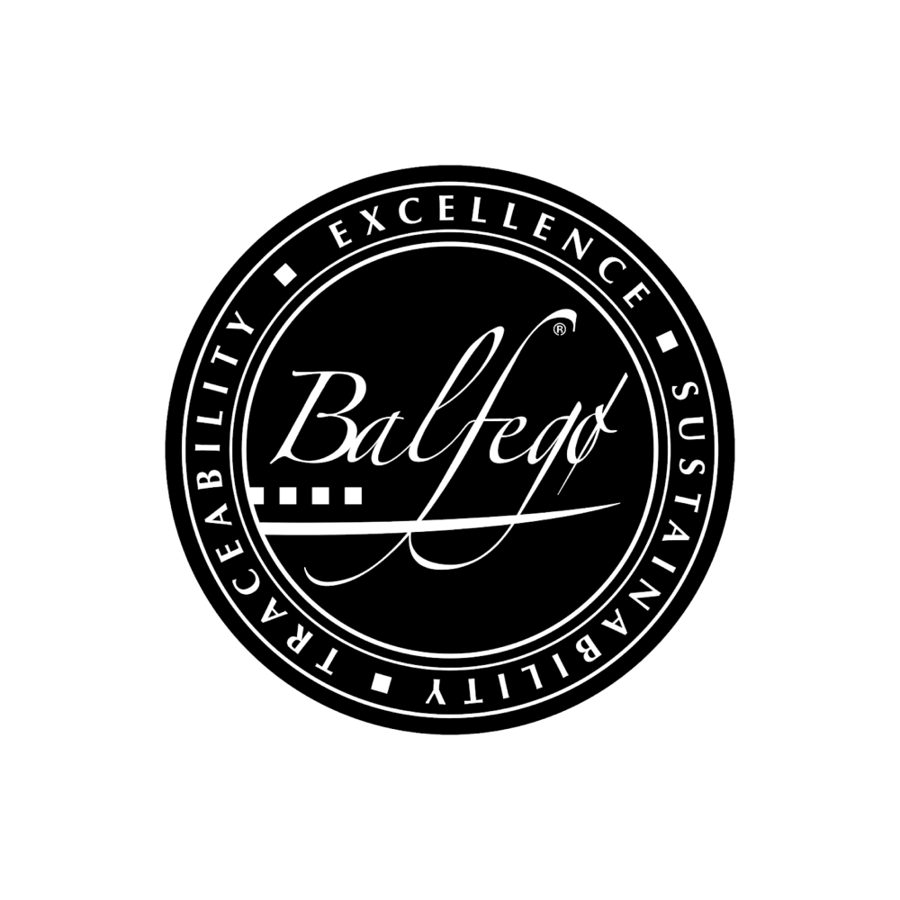 Black background with a circular logo that reads 'Balford' in elegant script in the center. Surrounding the name are the words 'Integrity,' 'Excellence,' 'Sustainability,' 'Trustability,' and 'Traceability,' separated by small square bullets.