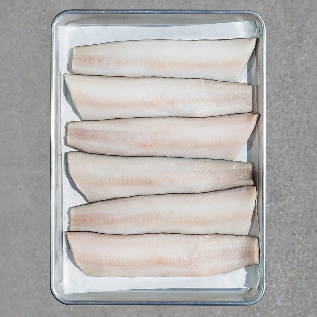 A collection of dry aged Golden Eagle Black Cod fillets on a silver sheet tray