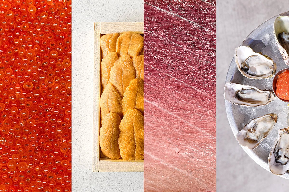 A collage of four images showing orange fish roe, sea urchin, red meat, and oysters on a plate.