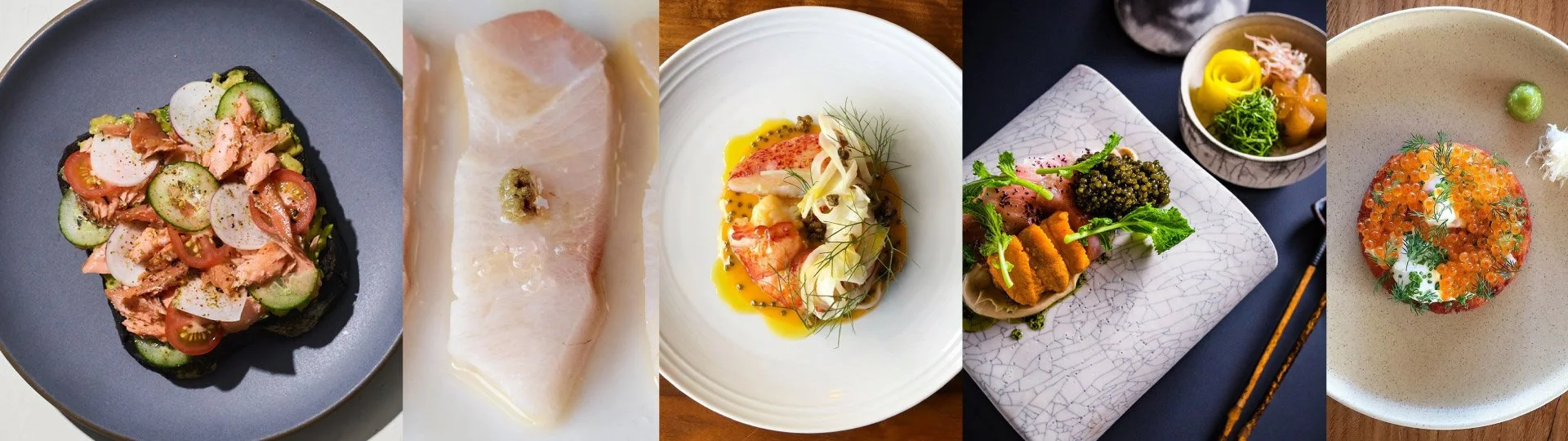A collage of five dishes featuring gourmet cuisine, including a salad with cherry tomatoes, cucumbers, and smoked salmon, a raw fish fillet with a dollop of wasabi, a plated seafood dish with vegetables and herbs, a sushi roll with caviar and herbs, and a bowl of creamy soup topped with fish roe and herbs.