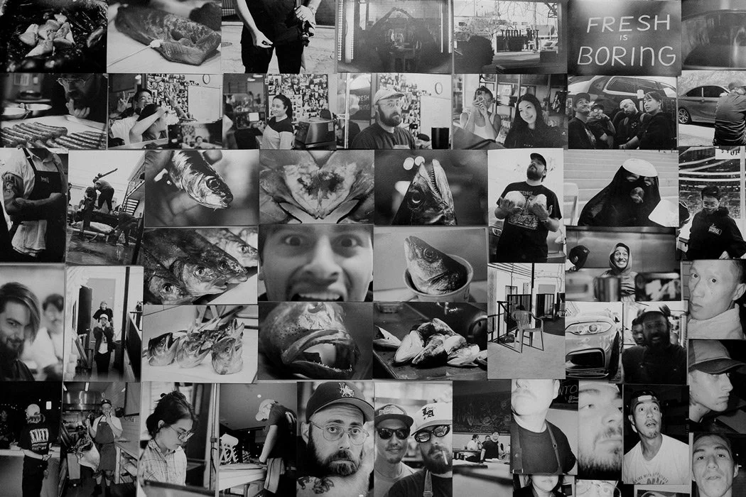 Collage of black and white photos including people, food, animals, and objects at a seafood restaurant.