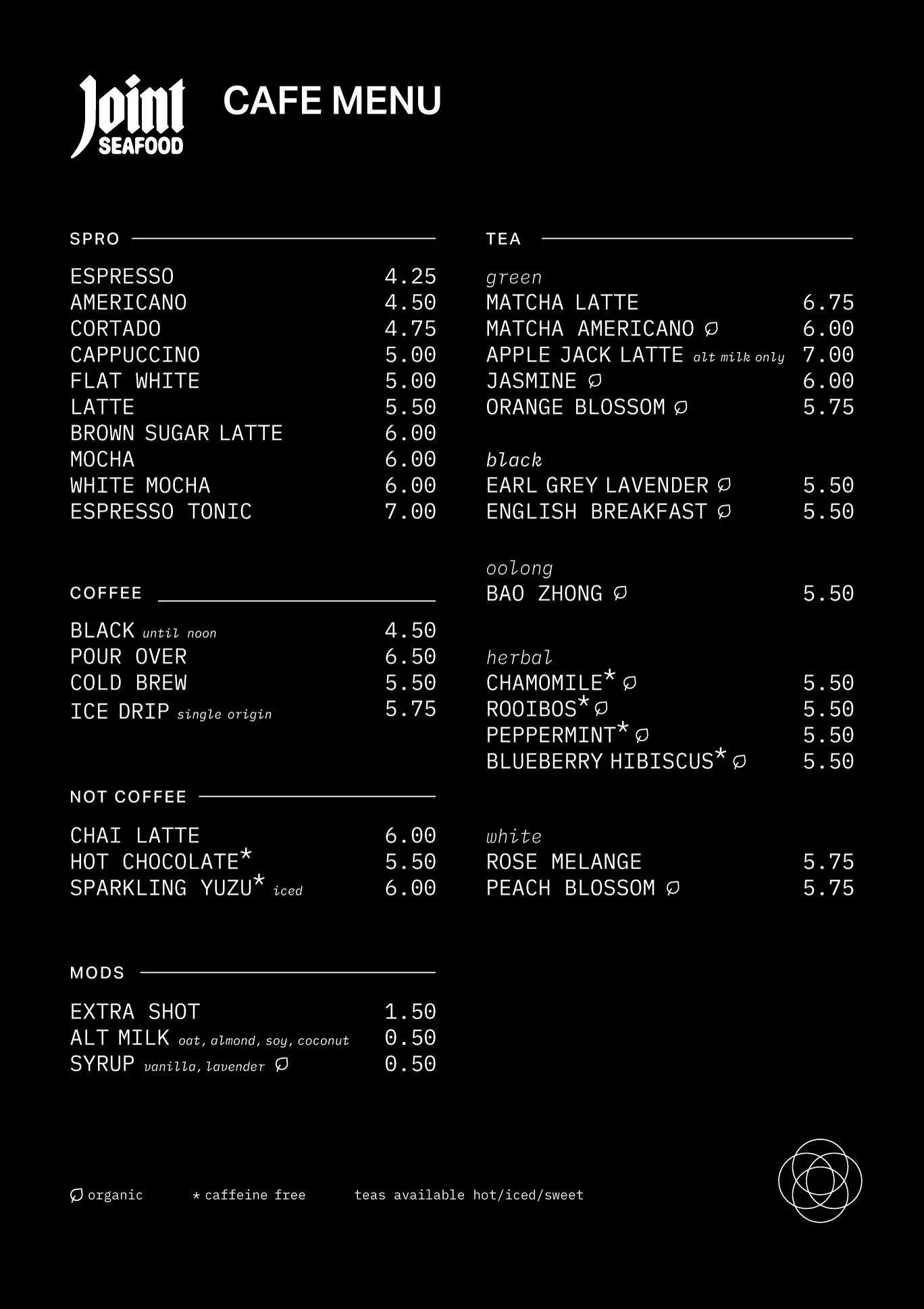 Cafe menu for Joint Seafood featuring various coffee, tea, herbal drinks, and mods with prices listed in dollars.