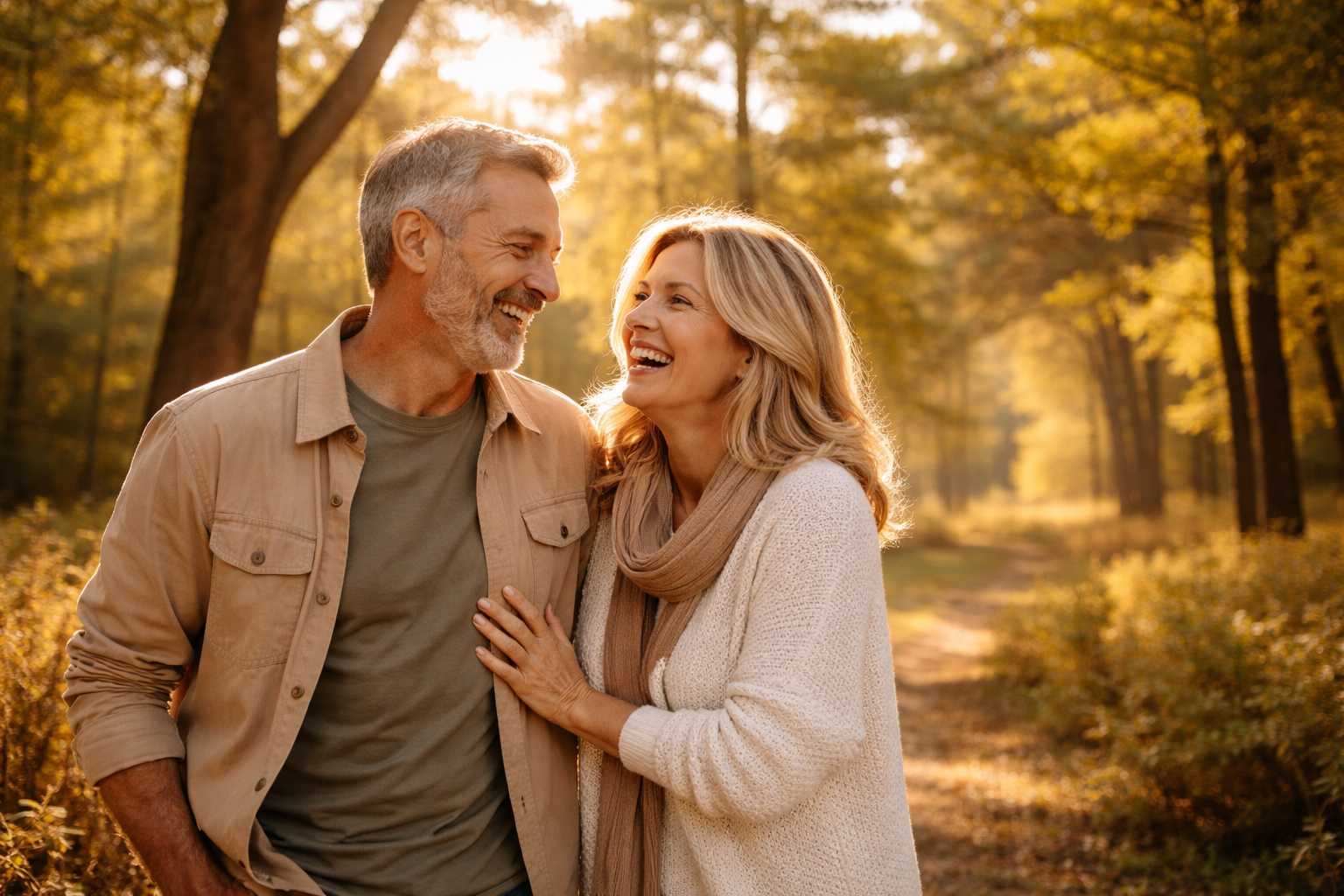 Couple walking together in warm autumn light