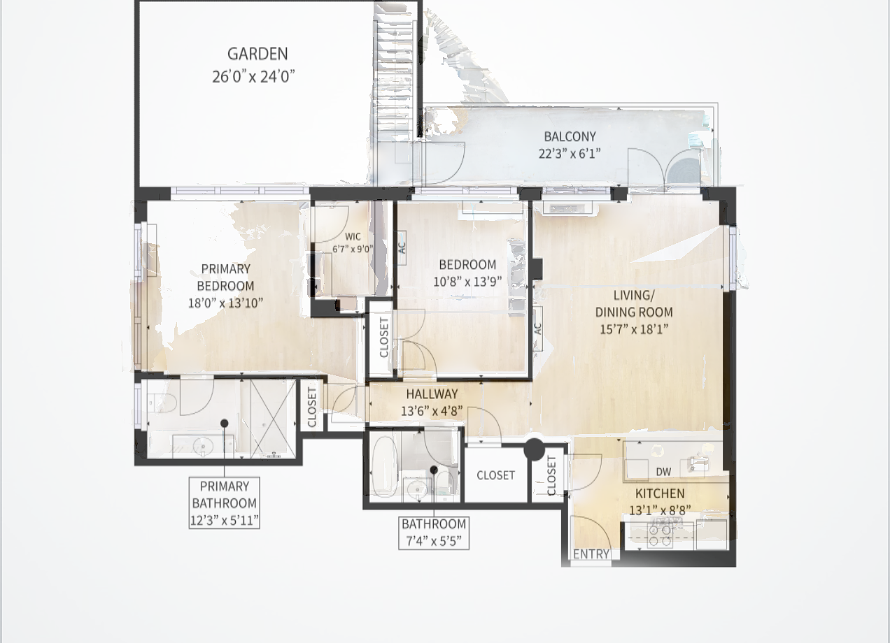 Floor plan of an apartment with labeled rooms including a primary bedroom, secondary bedroom, living/dining room, kitchen, two bathrooms, hallway, closets, a walk-in closet, a balcony, and a garden.