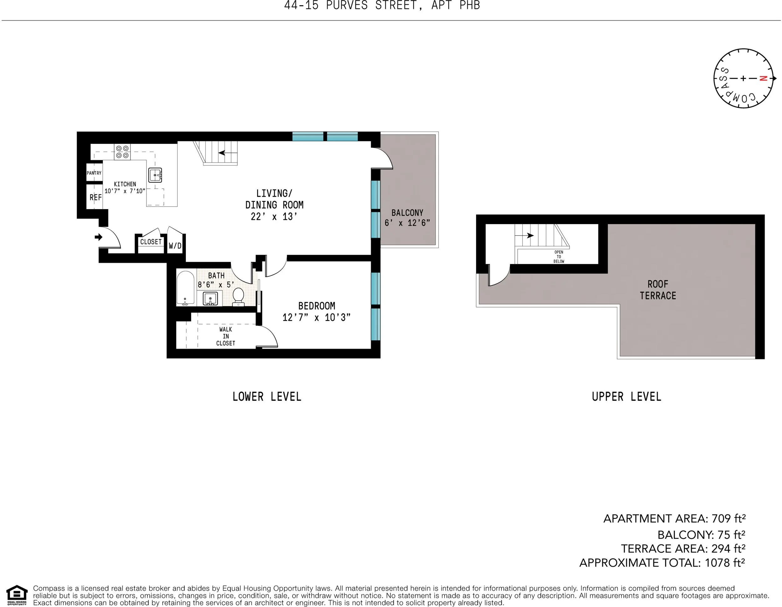 Floor plan of an apartment showing the layout of rooms on the lower and upper levels, including a kitchen, living/dining room, balcony, bedroom, bathroom, roof terrace, and balcony area with measurements.