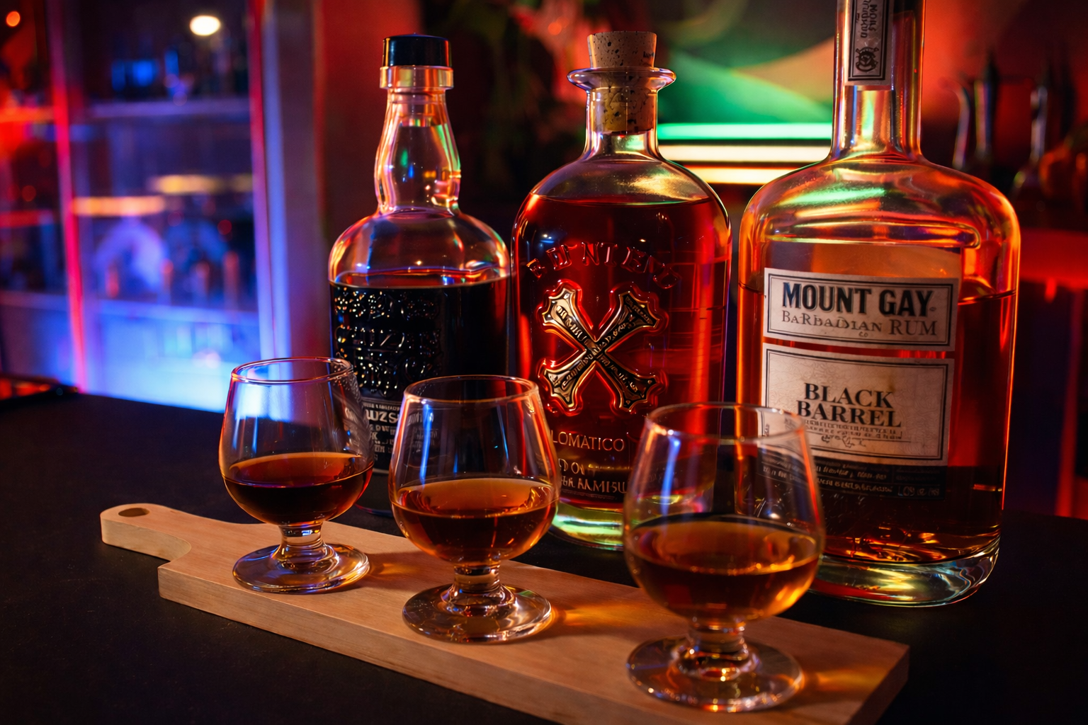 Flight of three rums: Bumbu, Cruzan Blackstrap, and Mount Gay Black Barrel.
