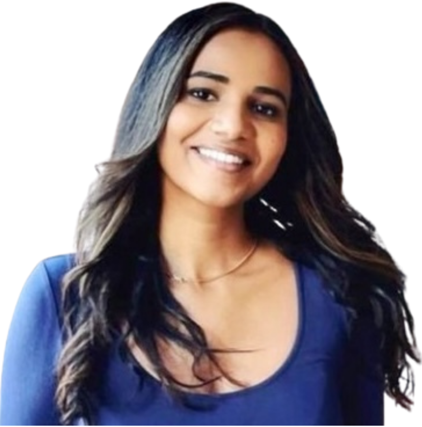 A smiling young woman with long wavy hair, wearing a sleeveless top, in black and white with a digital graphic background.