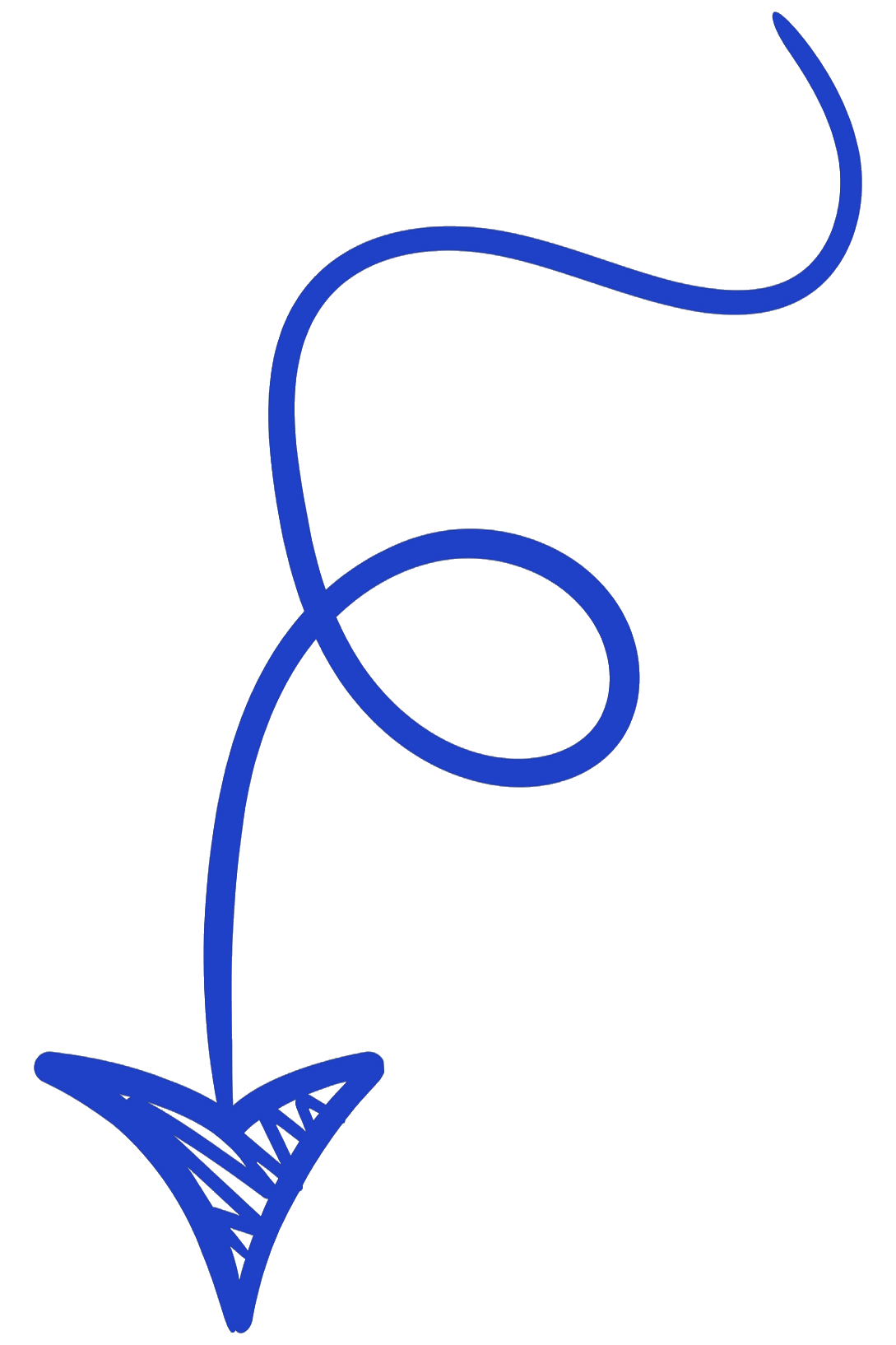 Simple line drawing of a blue flower with a spiral stem and basic leaf, on a black background.